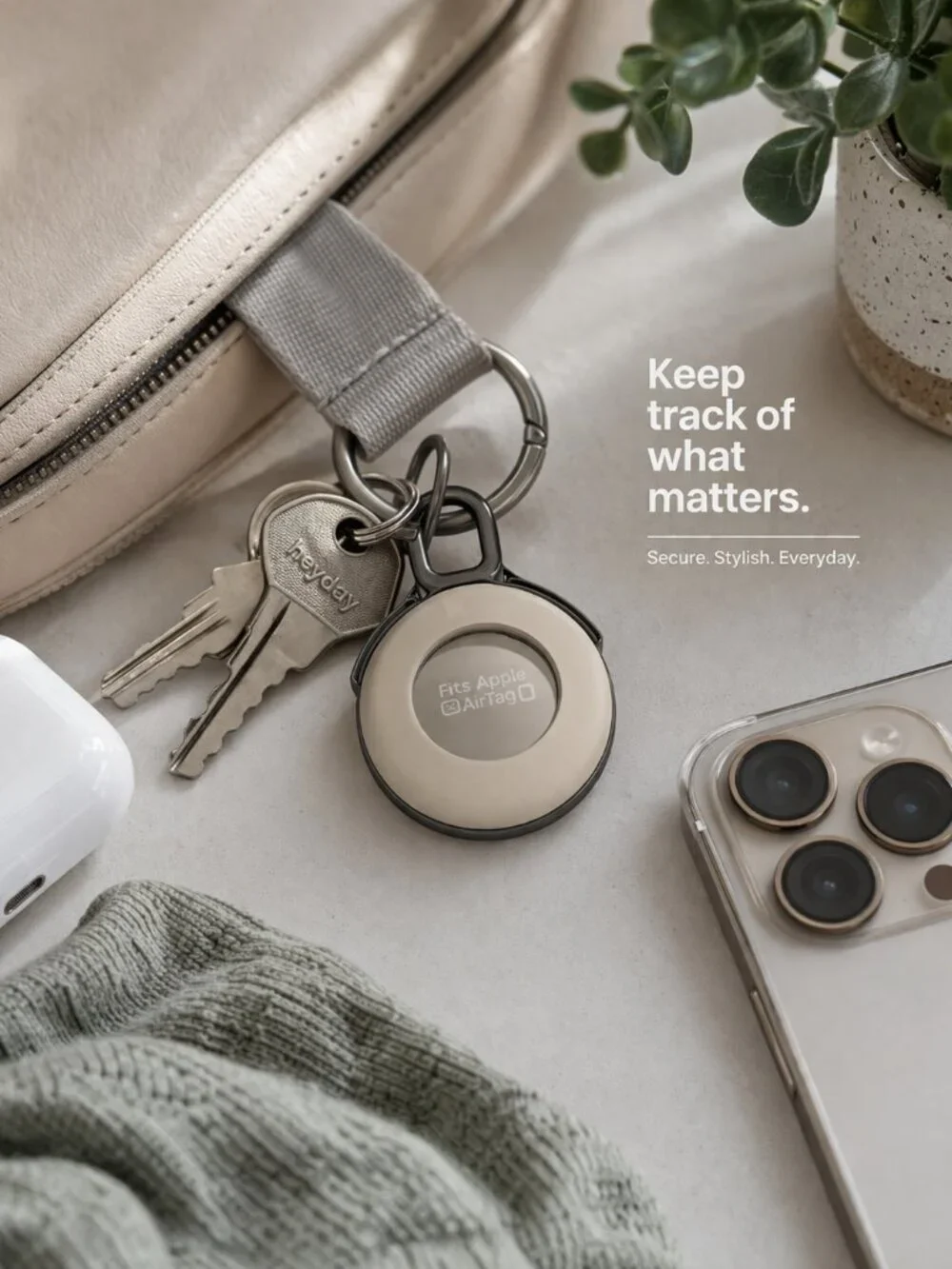 Heyday AirTag Holder Keychain Beige Case Fits Apple AirTag Beige Secure Clip